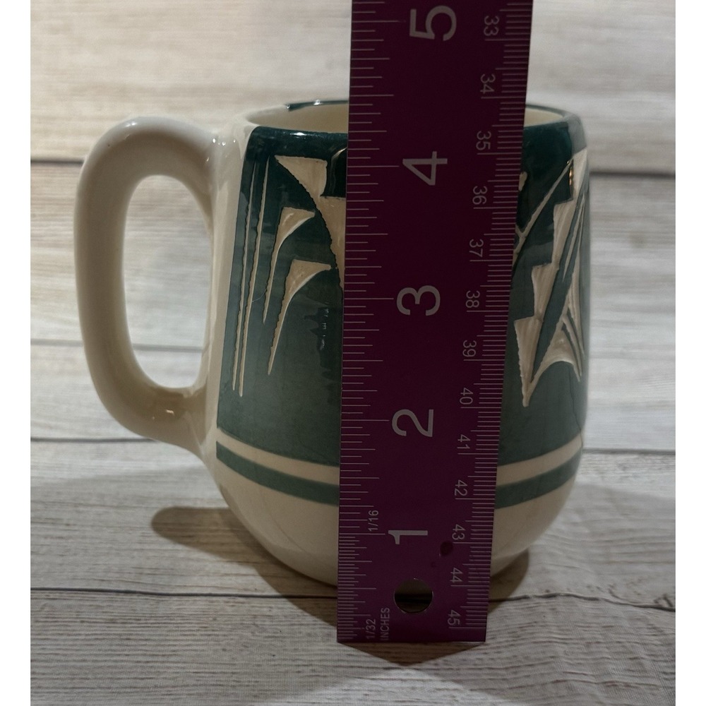 Vintage Native American Teal Coffee Cup Carved Pottery Signed by Artist 15 oz - Picture 4 of 5